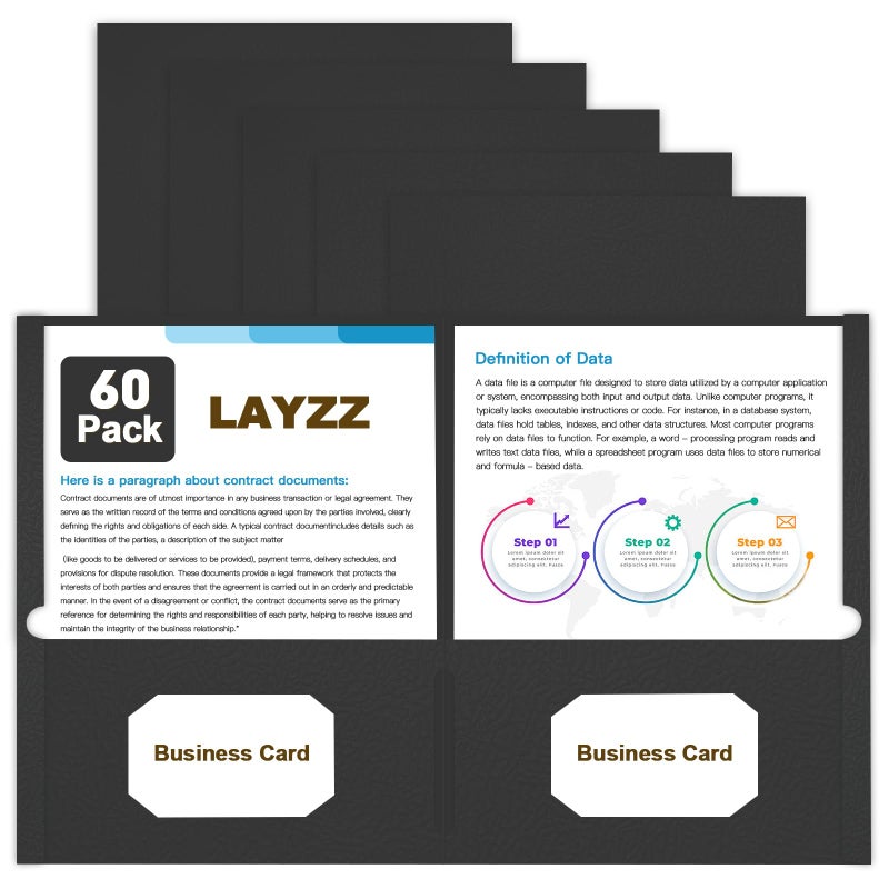 LAYZZ Folders with Pockets, LAYZZ 60 Pack Paper Pocket Folders, 2 Pocket File folders Fits Letter Size Paper, for School Office and Home (Black) - Image 1