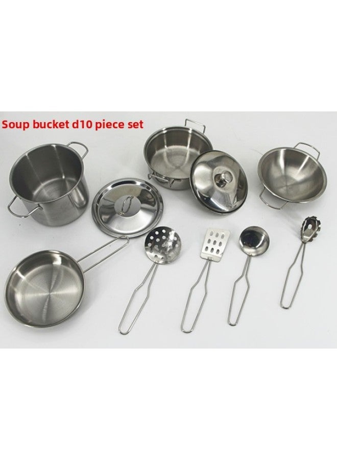 بيت لعب صغير من الفولاذ المقاوم للصدأ، ألعاب مطبخ صغيرة للأطفال، ملحقات صغيرة - اللون: مجموعة أسطوانة الحساء D10 قطعة - Image 1