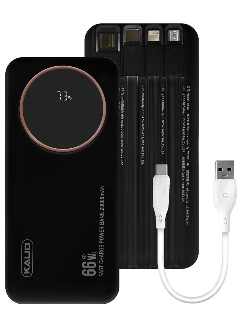 KALIO R52A Power Bank 20000mAh - Ultra-Compact 66W High-Speed Charging with PD35W Support and Four Built-in Cables / Black  - Image 5