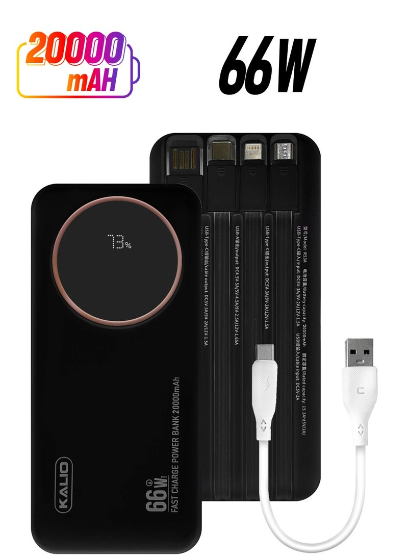 KALIO R52A Power Bank 20000mAh - Ultra-Compact 66W High-Speed Charging with PD35W Support and Four Built-in Cables / Black  - Image 1
