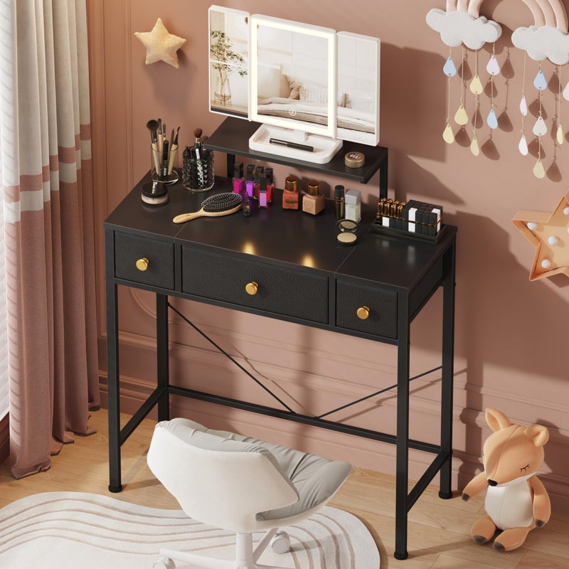 HIGDBFE Small Makeup Vanity Desk 27.5''W with Mirror and Lights, Vanity Desk with 3 Fabric Drawers and Height-Adjustable Stand, Vanity Table for Girls Gifts, Bedroom and Small Spaces, Black - Image 1