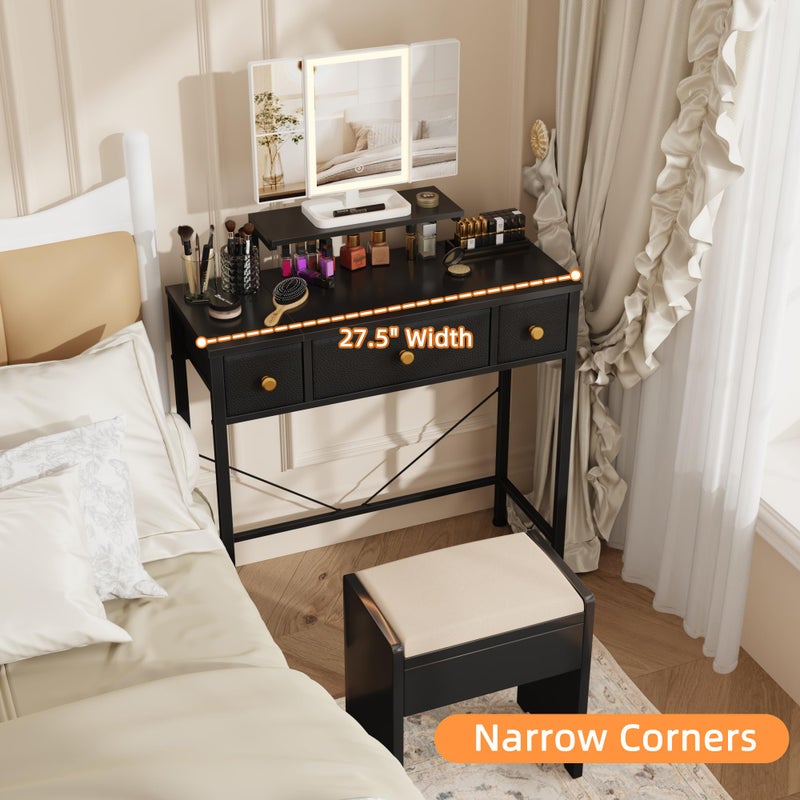 HIGDBFE Small Makeup Vanity Desk 27.5''W with Mirror and Lights, Vanity Desk with 3 Fabric Drawers and Height-Adjustable Stand, Vanity Table for Girls Gifts, Bedroom and Small Spaces, Black - Image 2