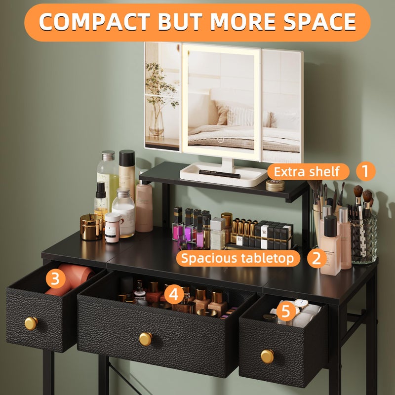 HIGDBFE Small Makeup Vanity Desk 27.5''W with Mirror and Lights, Vanity Desk with 3 Fabric Drawers and Height-Adjustable Stand, Vanity Table for Girls Gifts, Bedroom and Small Spaces, Black - Image 3