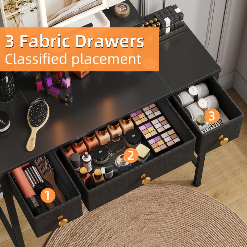 HIGDBFE Small Makeup Vanity Desk 27.5''W with Mirror and Lights, Vanity Desk with 3 Fabric Drawers and Height-Adjustable Stand, Vanity Table for Girls Gifts, Bedroom and Small Spaces, Black - Image 5