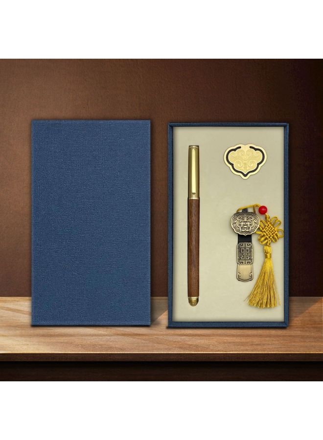 Ruyi U Disk 16g Suit Custom Logo Brass Hollow Ploughing Bookmark Sandalwood Sign Pen School Corporate Gifts-Color:(ruyi U Disk + Pen + Book Clip) Blue Gift Box-Capacity:USB3.0/8GB  - Image 1