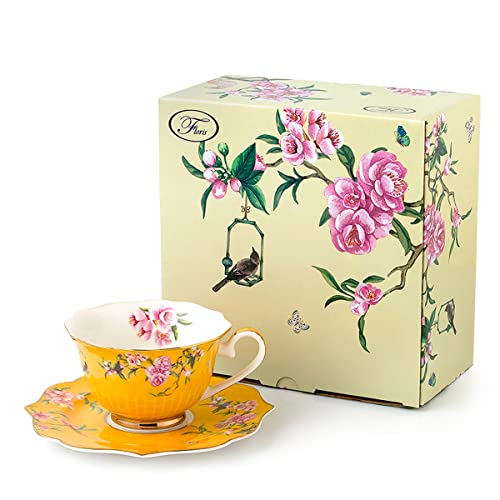 Eplze Pink Peony Flowers Pattern Ceramic Tea Cup with Saucer, Bone China Teacup for Afternoon Tea or Home Décor- Yellow (Cup and Saucer Set) - Image 1