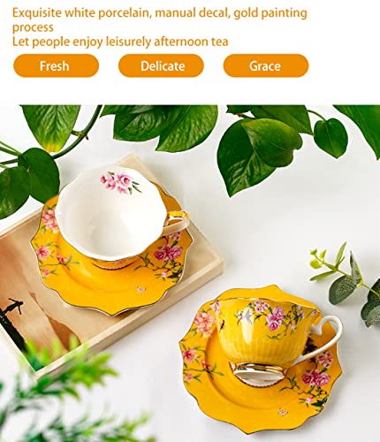 Eplze Pink Peony Flowers Pattern Ceramic Tea Cup with Saucer, Bone China Teacup for Afternoon Tea or Home Décor- Yellow (Cup and Saucer Set) - Image 4