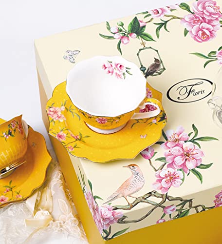 Eplze Pink Peony Flowers Pattern Ceramic Tea Cup with Saucer, Bone China Teacup for Afternoon Tea or Home Décor- Yellow (Cup and Saucer Set) - Image 5