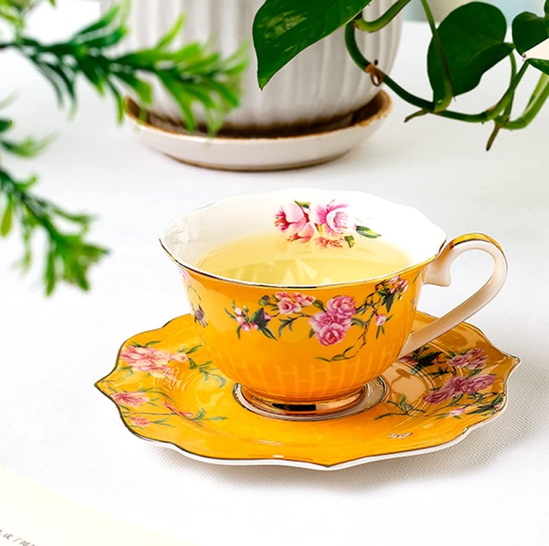 Eplze Pink Peony Flowers Pattern Ceramic Tea Cup with Saucer, Bone China Teacup for Afternoon Tea or Home Décor- Yellow (Cup and Saucer Set) - Image 3