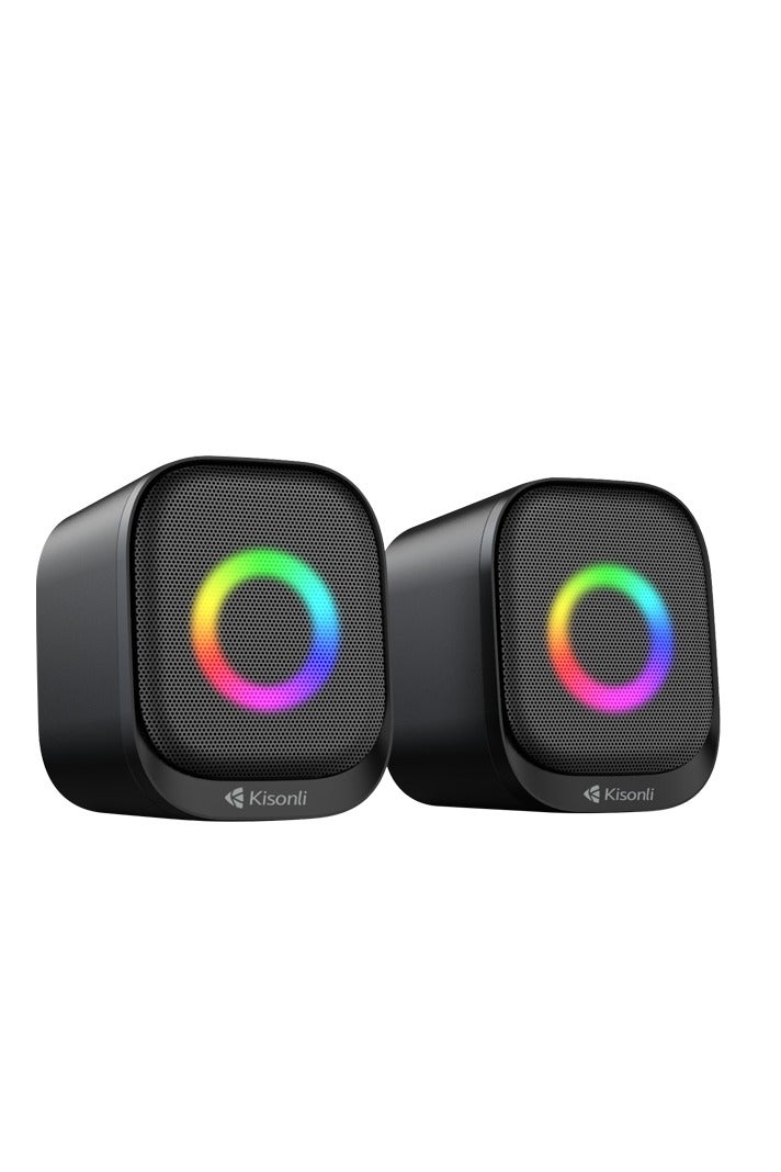 Kisonli X29 Multimedia  Bluetooth 5.3 USB Wired Speaker – Built-in microphone & earphone Jack – 6W (3W*2.0 Channel ) – Wired USB 2.0 Power & audio plug – Dynamic RGB Lighting for Gaming / Music/ Computer and Laptop , Mobile | Black - Image 1