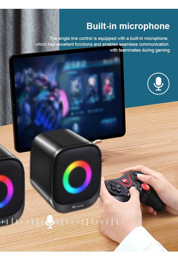 Kisonli X29 Multimedia  Bluetooth 5.3 USB Wired Speaker – Built-in microphone & earphone Jack – 6W (3W*2.0 Channel ) – Wired USB 2.0 Power & audio plug – Dynamic RGB Lighting for Gaming / Music/ Computer and Laptop , Mobile | Black - Image 3