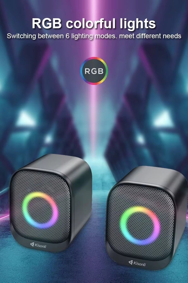 Kisonli X29 Multimedia  Bluetooth 5.3 USB Wired Speaker – Built-in microphone & earphone Jack – 6W (3W*2.0 Channel ) – Wired USB 2.0 Power & audio plug – Dynamic RGB Lighting for Gaming / Music/ Computer and Laptop , Mobile | Black - Image 5
