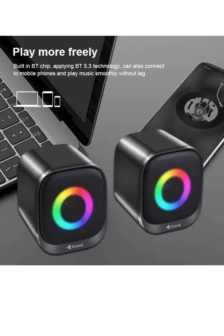 Kisonli X29 Multimedia  Bluetooth 5.3 USB Wired Speaker – Built-in microphone & earphone Jack – 6W (3W*2.0 Channel ) – Wired USB 2.0 Power & audio plug – Dynamic RGB Lighting for Gaming / Music/ Computer and Laptop , Mobile | Black - Image 2