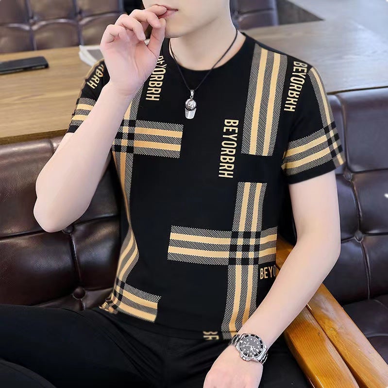 Men's short-sleeved T-shirt summer New Ice Silk ice sense slim fashion printed men's half-sleeved T-shirt top clothing - Image 2