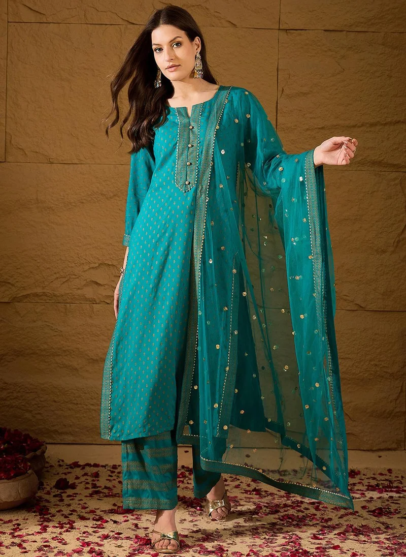 زيري سوق Teal Viscose Rayon Motifs Printed 3-Piece Kurta Set