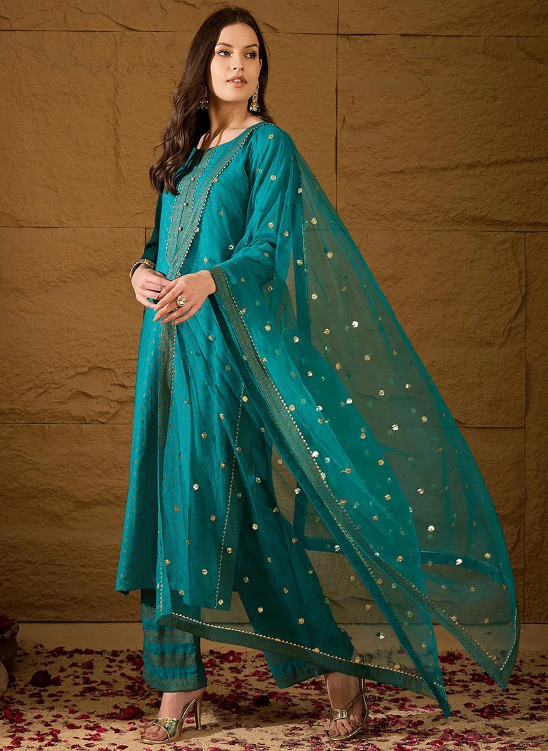 زيري سوق Teal Viscose Rayon Motifs Printed 3-Piece Kurta Set
