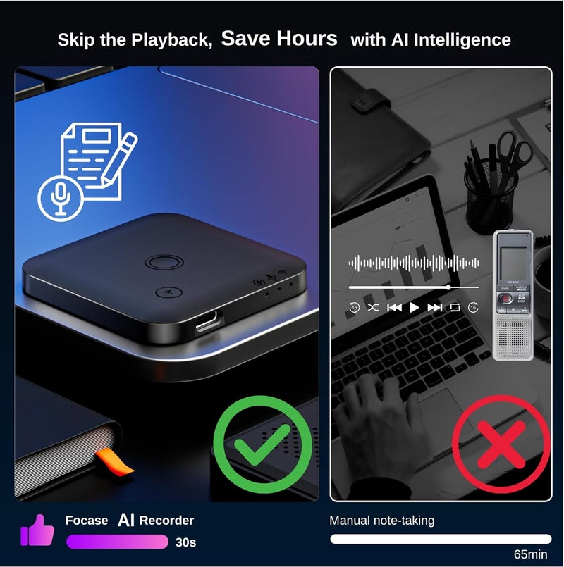 فوكيس تسجيل مسجل الصوت الذكي FoCase Note مع الذكاء الاصطناعي، النسخ، التلخيص والترجمة بالذكاء الاصطناعي، التحكم عبر التطبيق، سعة تخزين 64 جيجابايت، دعم 112 لغة، مسجل ملاحظات مغناطيسي فائق النحافة للمكالمات والمحاضرات والاجتماعات - Image 2
