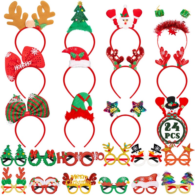 HOVACY 24 Pieces Christmas Headbands and Glasses Frames Bundle Set Christmas Party Favors Cute Eyeglasses Headwear Set with Santa Hat Snowman Tree Designs Christams Party Supplies Decor Photo Props - Image 2