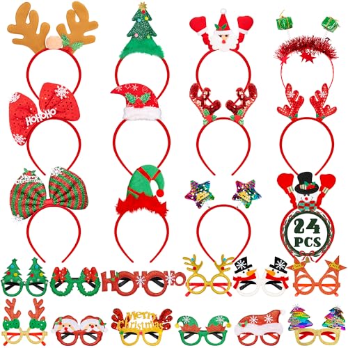 HOVACY 24 Pieces Christmas Headbands and Glasses Frames Bundle Set Christmas Party Favors Cute Eyeglasses Headwear Set with Santa Hat Snowman Tree Designs Christams Party Supplies Decor Photo Props - Image 1