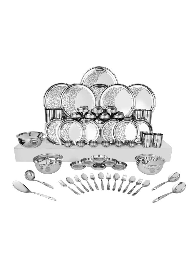 Shri & Sam Designer Stainless Steel Leaves Shagun Laser Bloom Dinner Set, 68 Pieces, Solid - Image 1