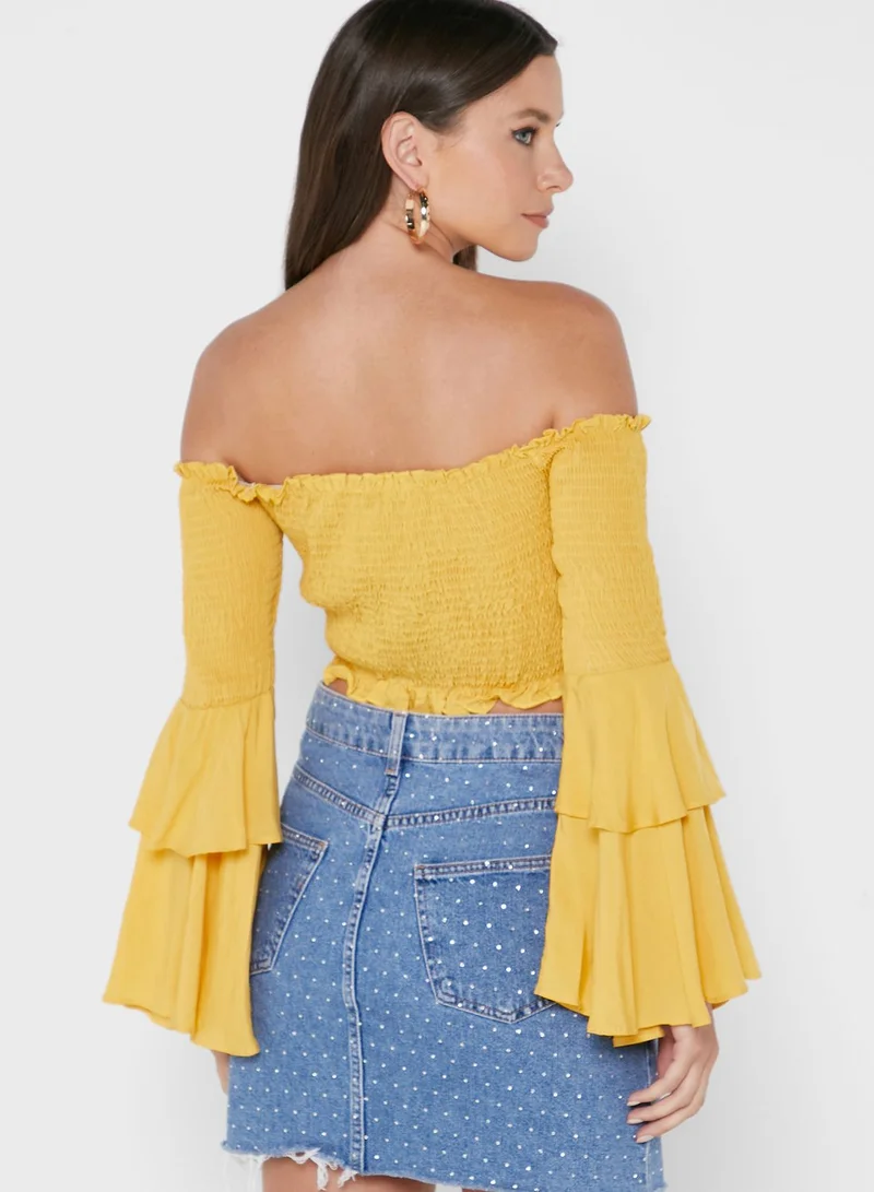 saint genies Bardot Shirred Crop Top