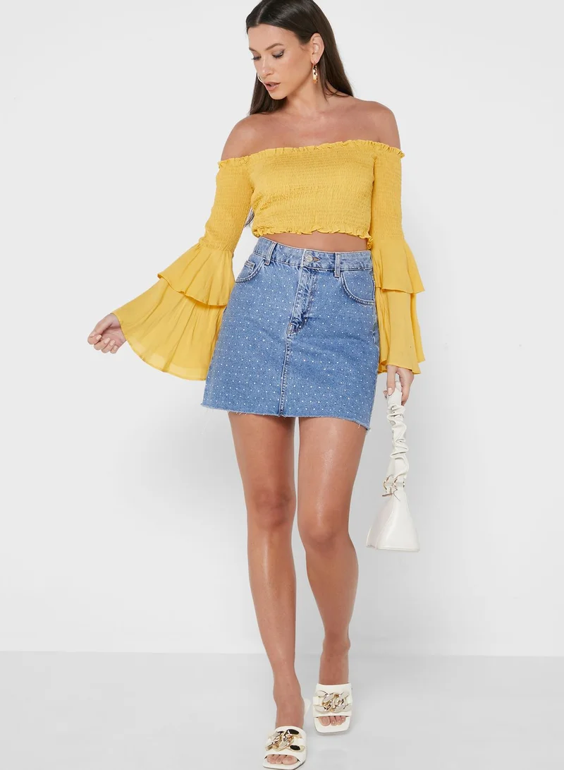 saint genies Bardot Shirred Crop Top