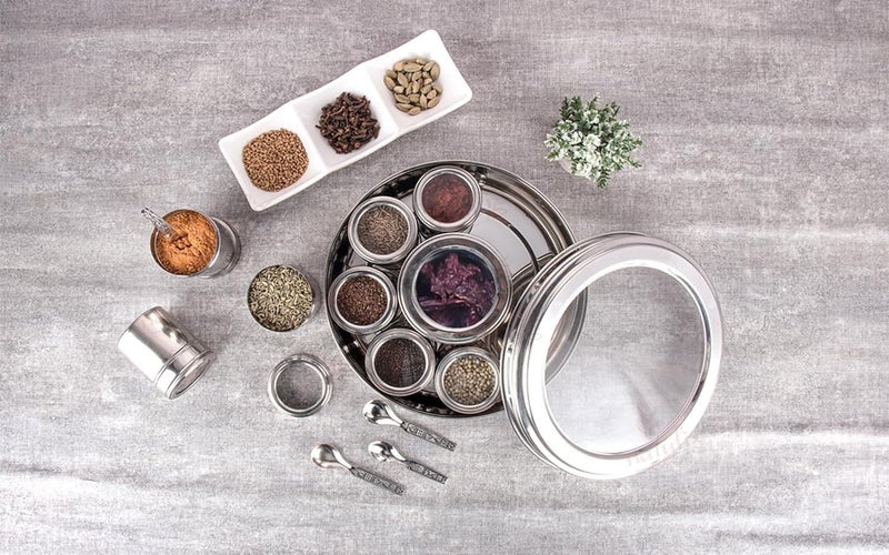 VISAXMI 9 in 1 Masala Box for Kitchen Stainless Steel | Spice Container | Masala Dabba Steel | Masala Dani | Spice Jars with Individual See through lid - Silver (150 ml) each - Image 4