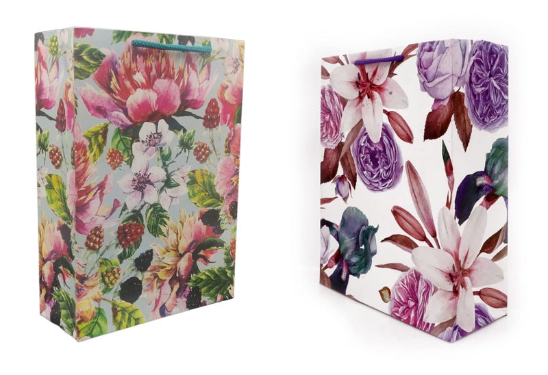 TASCHE Cherry Flower and Lily Flower Design Printed Assorted Design Paper Carry Bags | Gift Bags for Return gifts, Birthday and presents (28 * 20 * 7.5 CM) (Pack of 10) - Image 1