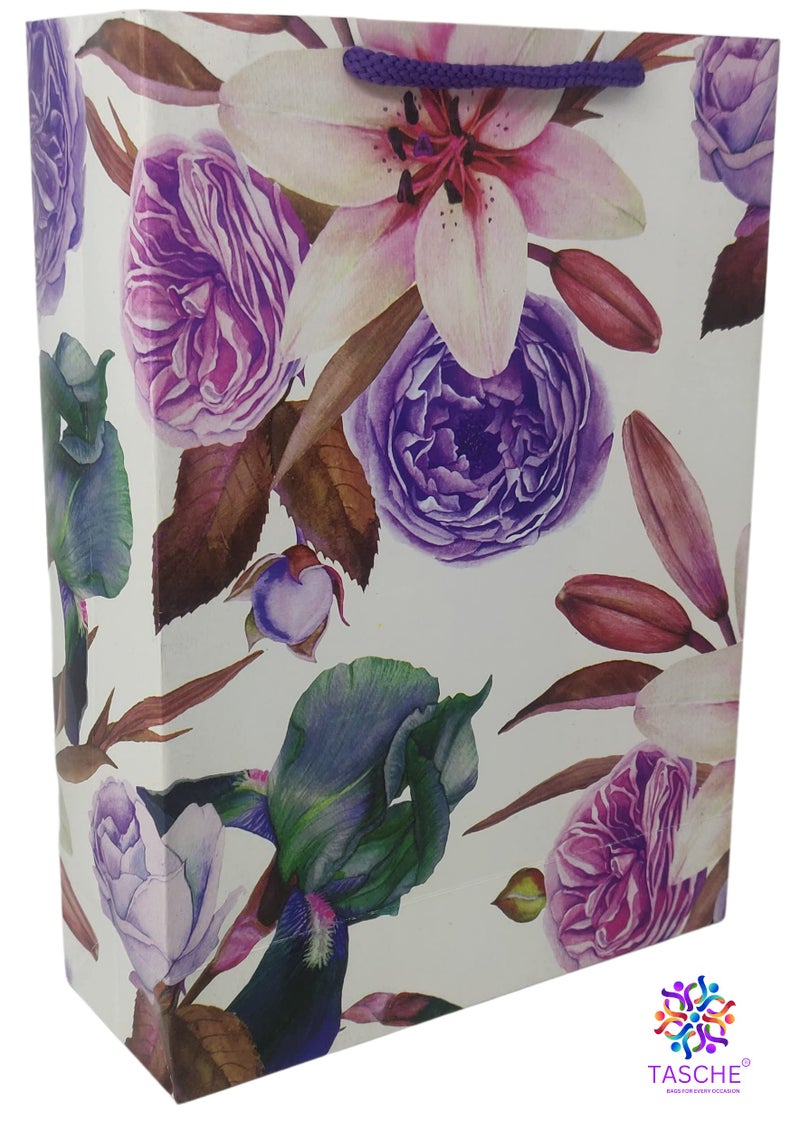 TASCHE Cherry Flower and Lily Flower Design Printed Assorted Design Paper Carry Bags | Gift Bags for Return gifts, Birthday and presents (28 * 20 * 7.5 CM) (Pack of 10) - Image 3