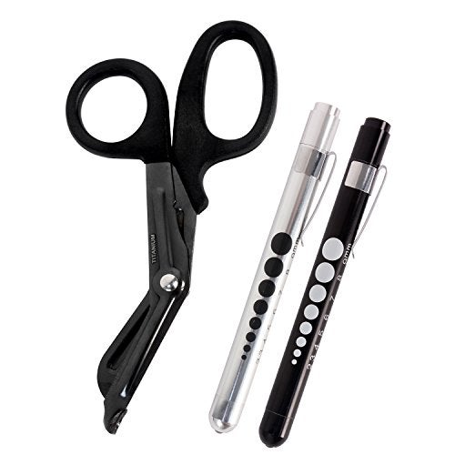 MediTac Titanium-Bonded EMT Trauma Shears – 7 ¼” Black Medical Bandage Scissors with LED Pen Light Two Pack - Autoclavable (Black & Silver) - Image 1