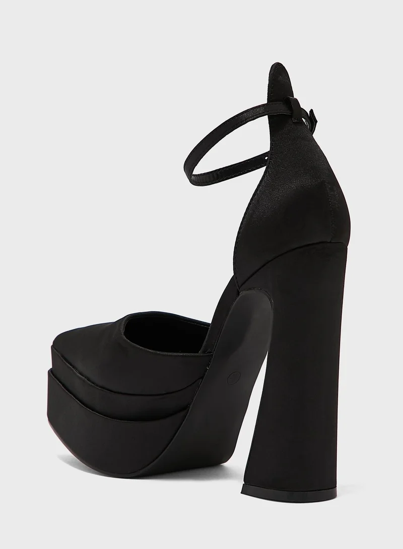 Truffle Satin Ankle Strap Platform Pump