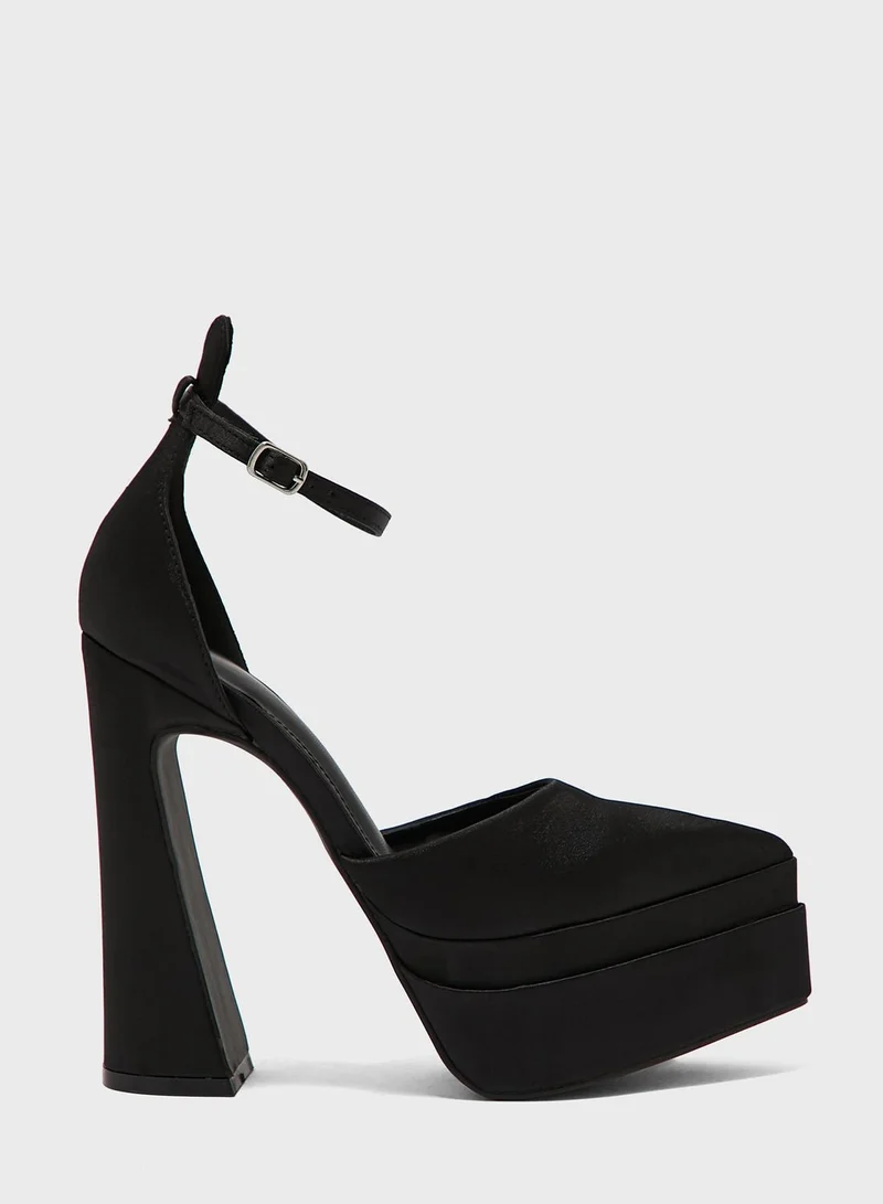 Truffle Satin Ankle Strap Platform Pump