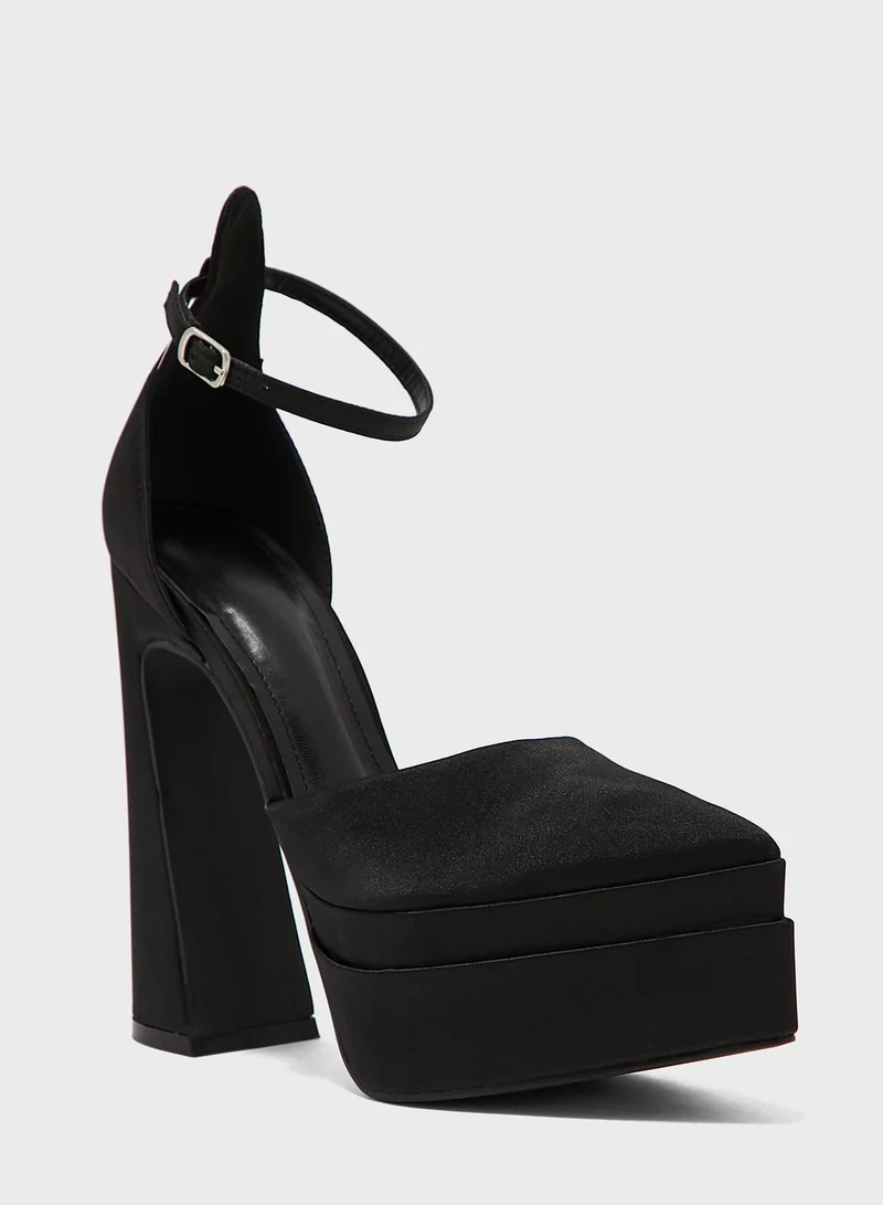 Truffle Satin Ankle Strap Platform Pump