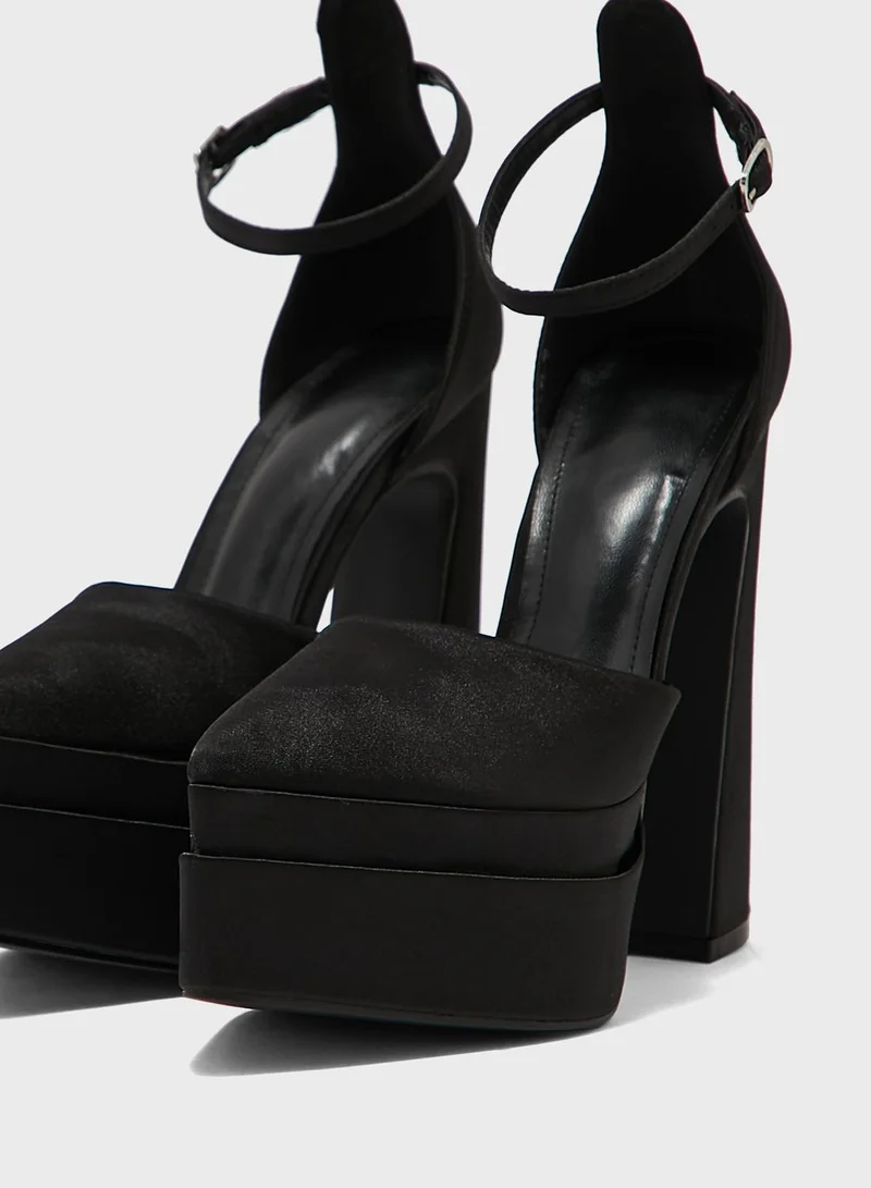 Truffle Satin Ankle Strap Platform Pump