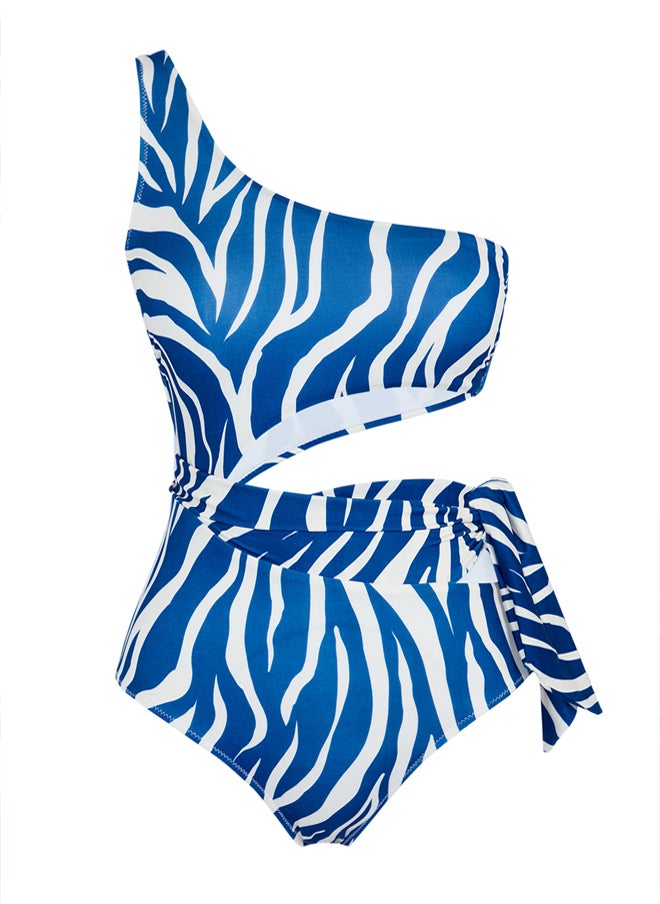 Zebra Patterned One Shoulder Cut Out/Windowed Regular Swimsuit
