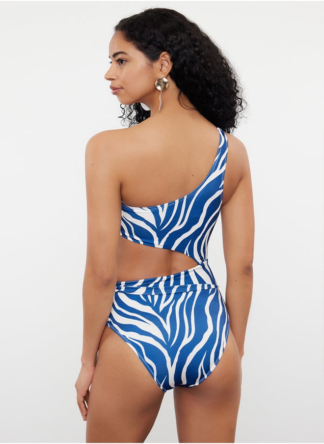 Zebra Patterned One Shoulder Cut Out/Windowed Regular Swimsuit