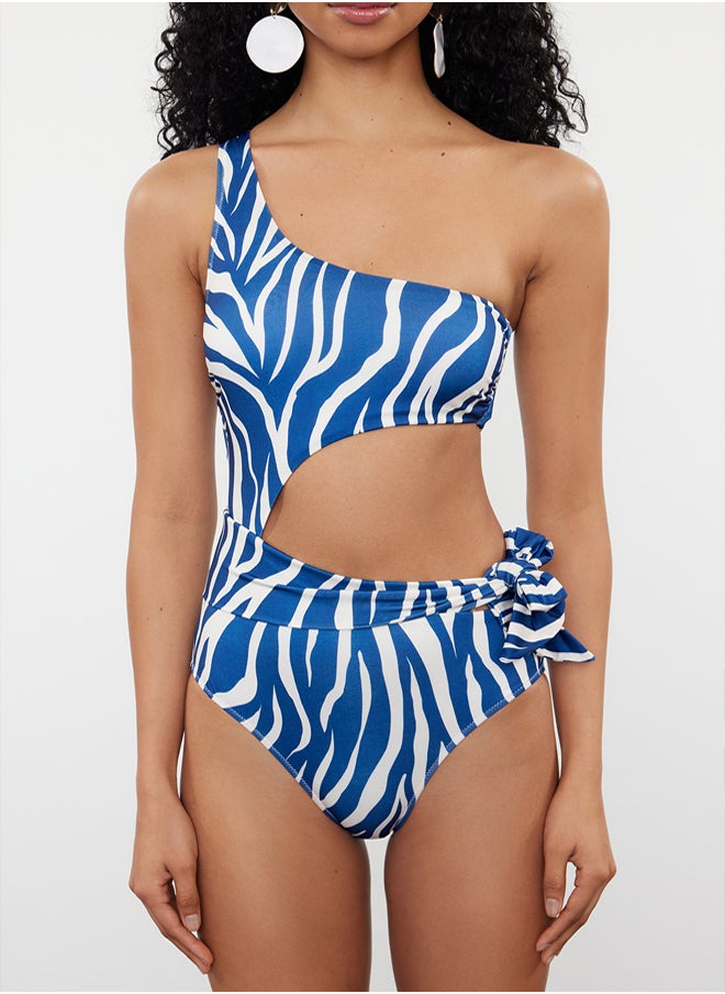 Zebra Patterned One Shoulder Cut Out/Windowed Regular Swimsuit
