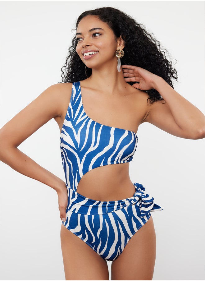 Zebra Patterned One Shoulder Cut Out/Windowed Regular Swimsuit