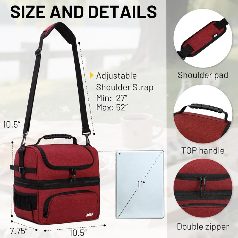 MIER Dual Compartment Lunch Bag Tote with Shoulder Strap for Men and Women Insulated Leakproof Cooler Bag, Dark Red - Image 4