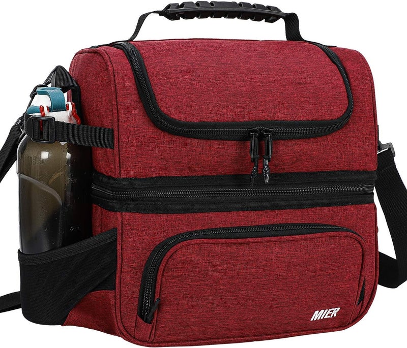 MIER Dual Compartment Lunch Bag Tote with Shoulder Strap for Men and Women Insulated Leakproof Cooler Bag, Dark Red - Image 1
