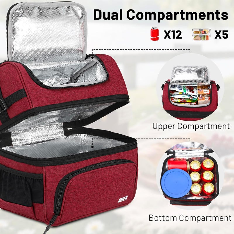 MIER Dual Compartment Lunch Bag Tote with Shoulder Strap for Men and Women Insulated Leakproof Cooler Bag, Dark Red - Image 2
