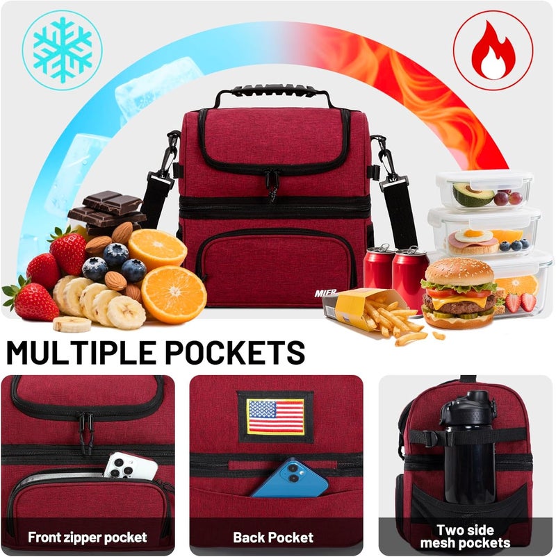 MIER Dual Compartment Lunch Bag Tote with Shoulder Strap for Men and Women Insulated Leakproof Cooler Bag, Dark Red - Image 3