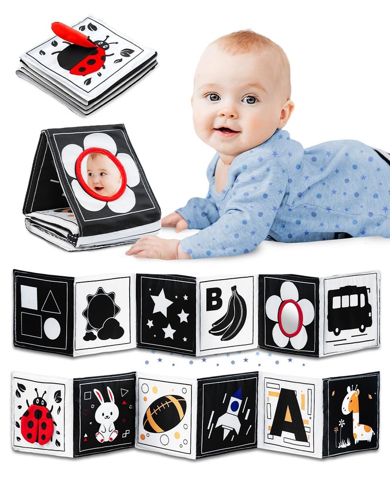Infinno Black & White Baby Toys High Contrast Crinkle Cloth Activity Book  Infant Mirror Toys For Baby 0-6 Months  Newborn Sensory Tummy Time Toys For Infants  Baby Development Essential - Image 1