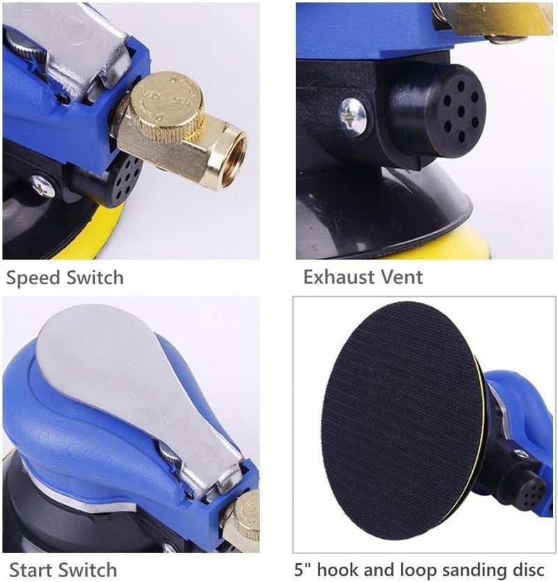 125Mm Air Random Orbital Sander, Dual Action Palm Sander With Pad, Hook And Loop, Air Powered And Swirl Free (5" Blue) - Image 3