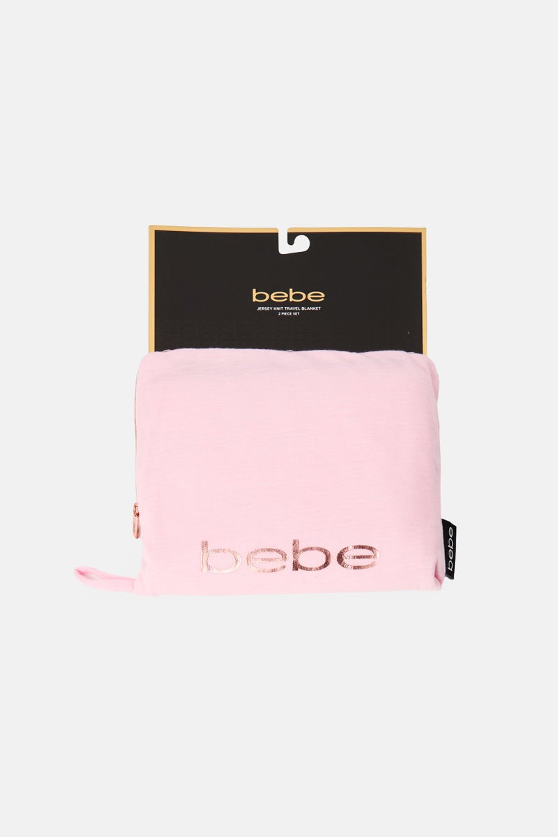 bebe 2 Pcs Brand Logo Jersey Knit Travel Blanket Set, Pink - Image 1