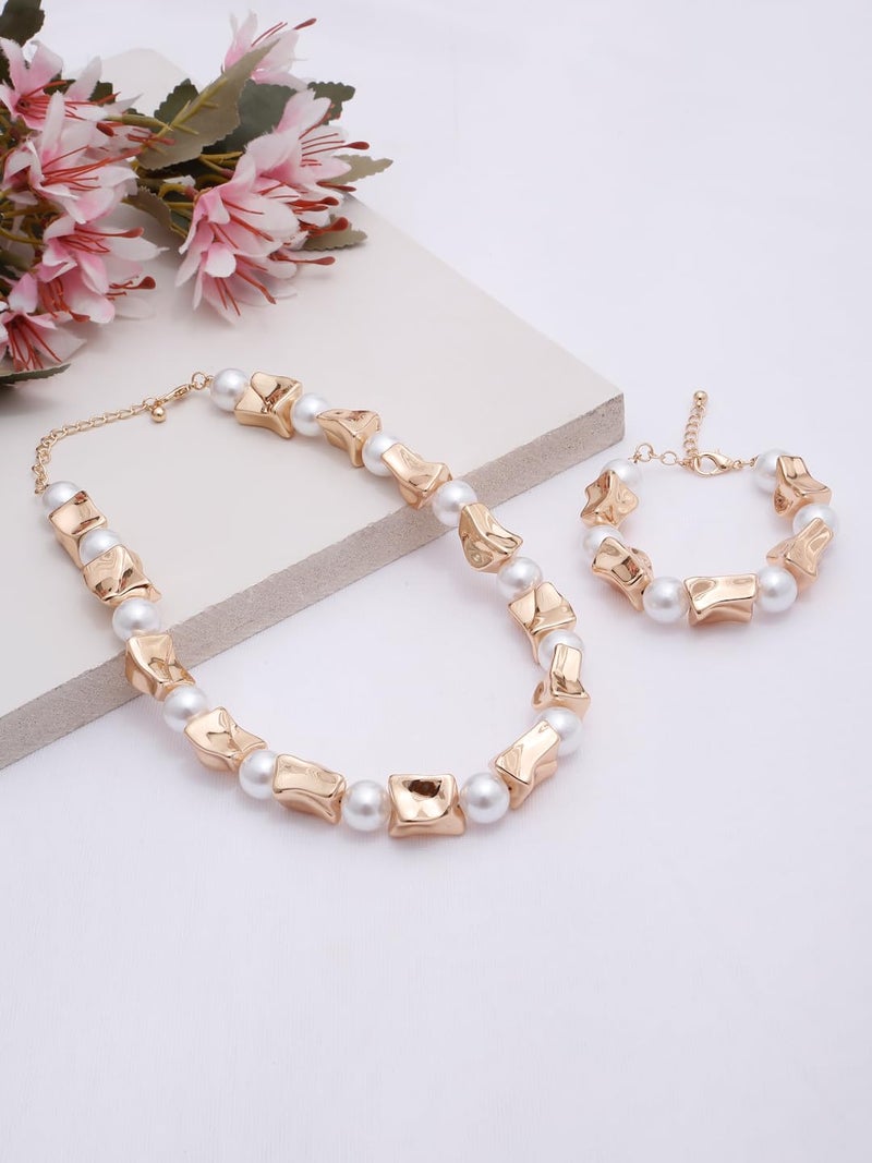 YouBella Gifts Stylish Latest Celebrity Inspired Gold Plated Pearl Jwell Necklace and Bracelet Combo Jewellery Set for Girls and Women (Style 1) - Image 3