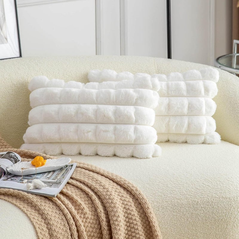 KASTWAVE Faux Fur Plush Throw Pillow Covers 12x20 inch Set of 2, Soft Plaid Decorative Pillow Covers Cushion Cases for Sofa, Couch,Bedroom,Living Room (Cream White) - Image 1