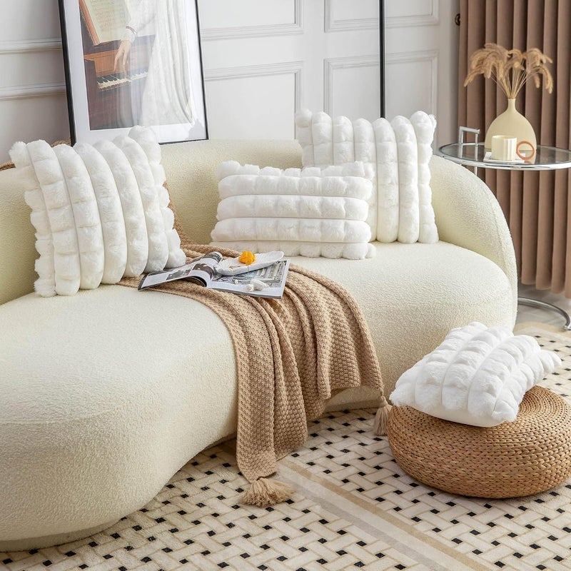KASTWAVE Faux Fur Plush Throw Pillow Covers 12x20 inch Set of 2, Soft Plaid Decorative Pillow Covers Cushion Cases for Sofa, Couch,Bedroom,Living Room (Cream White) - Image 4