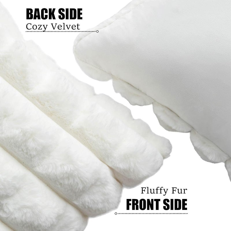 KASTWAVE Faux Fur Plush Throw Pillow Covers 12x20 inch Set of 2, Soft Plaid Decorative Pillow Covers Cushion Cases for Sofa, Couch,Bedroom,Living Room (Cream White) - Image 2