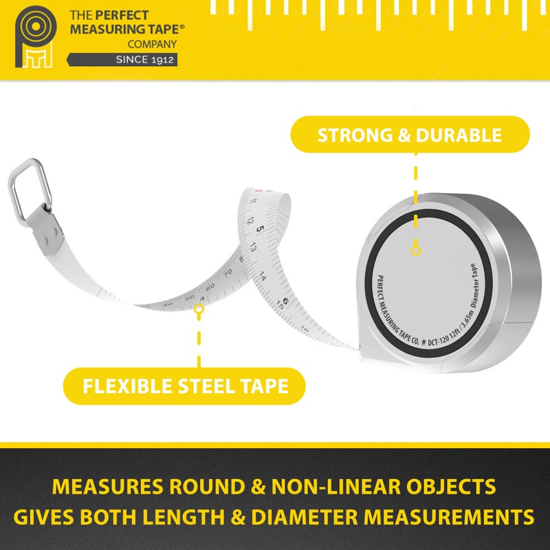 PERFECT MEASURING TAPE شريط قياس محيط القطر المثالي - شريط قياس إمبراطوري ومتري 1/2 بوصة بطول 12 قدم / 3.5 متر - للاستخدام في قياس الأجسام الأسطوانية - (شريط الأنابيب، شريط الأشجار) نموذج DCT121 - Image 4